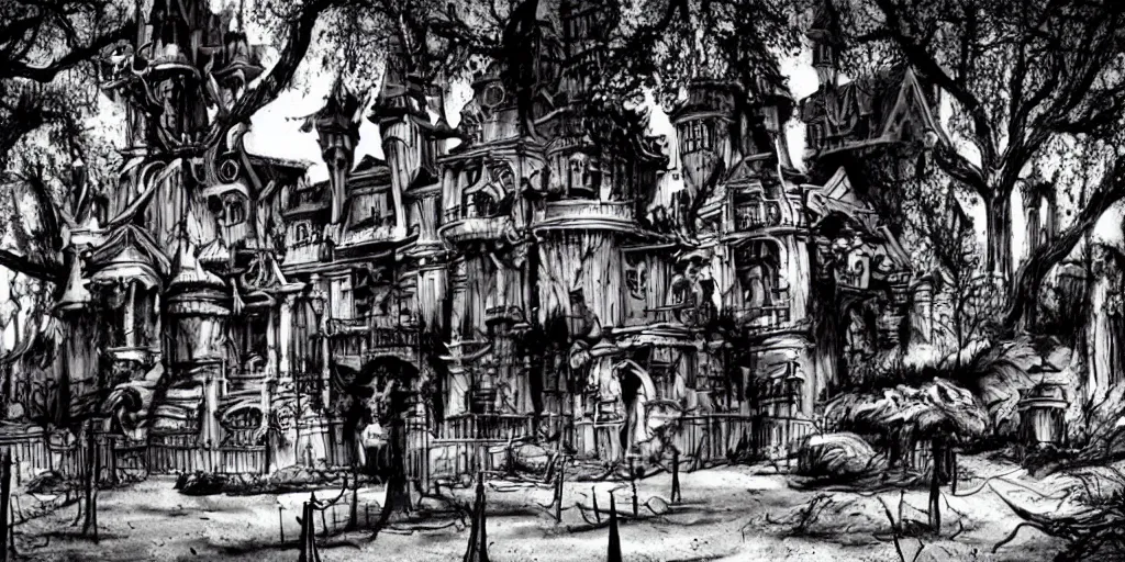 Prompt: horror version of disneyland park, creepy, dark, scary, monsters, zombies