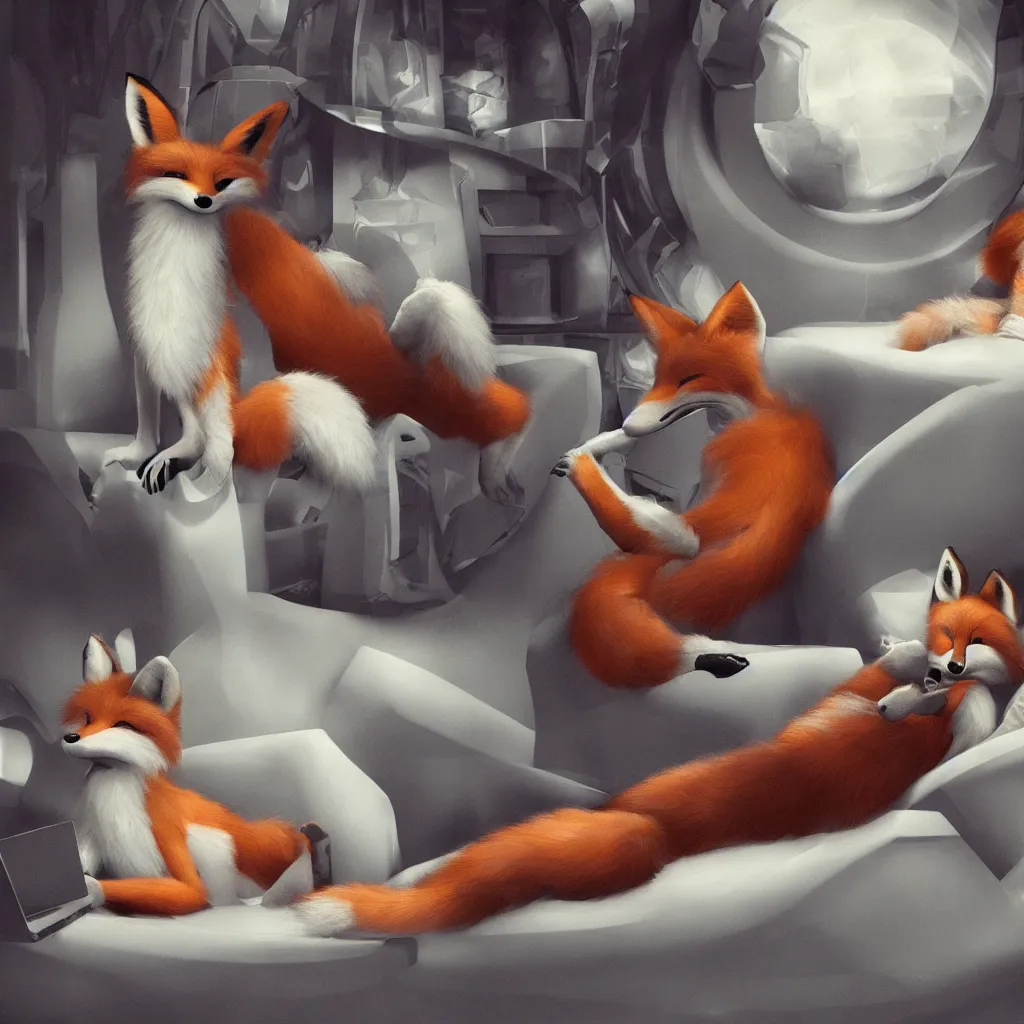 Image similar to anthropomorphic, furry, anthro, fox lounging in a futuristic hotel, film scene