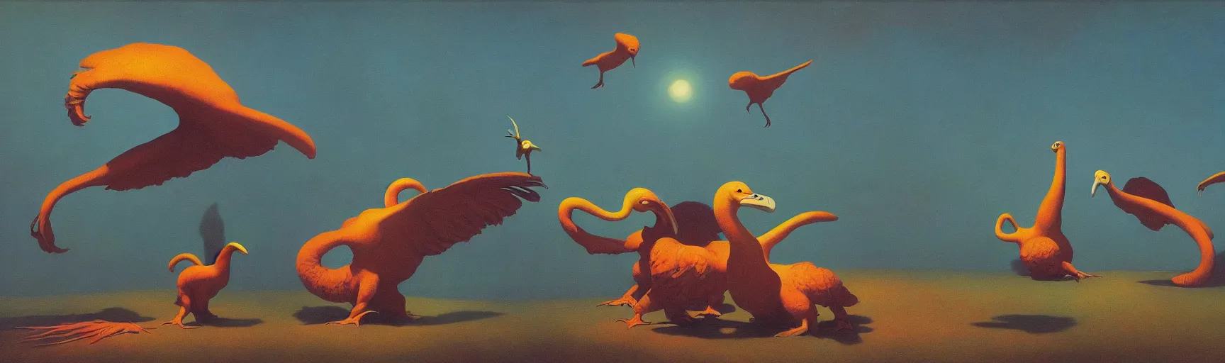 Prompt: monster giant dodo birds fight space snakes, Edward Hopper and James Gilleard, Zdzislaw Beksinski, Mark Ryden, Wolfgang Lettl highly detailed, hints of Yayoi Kasuma, Odilon Redon. Drexler