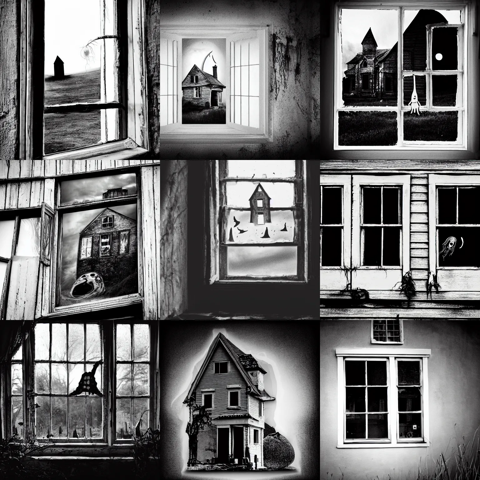 Prompt: landscape photo of old haunted house, squidwards ghost on the window, creepy, realistic, black and white