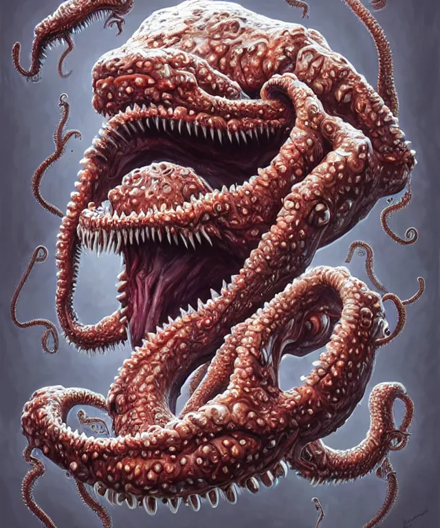 Image similar to hziulquoigmnzhah, large mouth with teeth, head dangling underneath body!!!!, spherical body, elongated arms, short legs, lovecraftian horror!, surrealism, fantasy, intricate, elegant, highly detailed, digital painting, artstation, concept art, matte, sharp focus, illustration, art by keith thompson and christopher lane