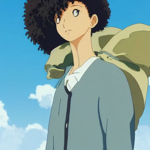 Prompt: a somali man with curly hair, anime style, studio ghibli, contemplative, beautiful, surreal, detailed, dreamy, philosophical