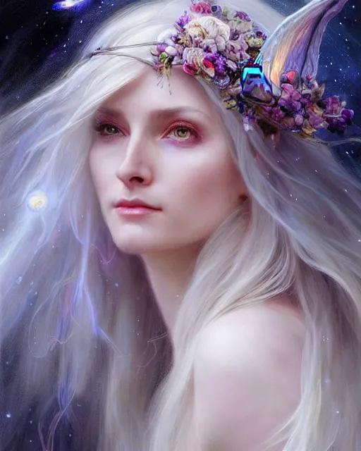 Prompt: realistic portrait of a beautiful white witch, crafting spells, bright witch, beautiful face, fantasy, chaos, magic, dark magic, dramatic lighting, intricate, wild, highly detailed, digital painting, artstation, concept art, smooth, sharp focus, illustration, art by artgerm and greg rutkowski and alphonse mucha, footage from space camera