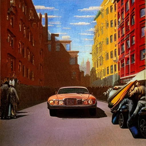 Prompt: copper colored sport car racing through a street in nyc, painted by, mc escher, gordon onslow ford, georgia o'keeffe and ivan aivazovsky, cinematic light, god rays, colourful.