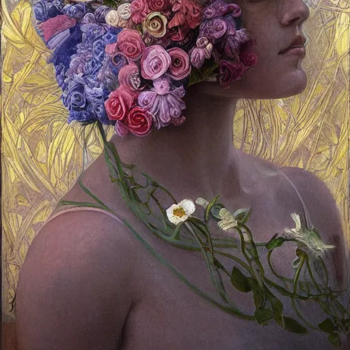 Image similar to masterpiece painting of a facemask made of flowers, by annie swynnerton and jean delville and tino rodriguez, flower mask, symbolist, dramatic lighting, god rays, elaborate geometric ornament, soft cool colors, smooth, sharp focus, extremely detailed