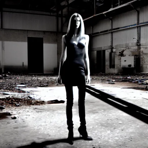 Image similar to runaway beautiful supermodel replicant standing in a dirty abandoned factory, still from closed circuit tv footage, high angle