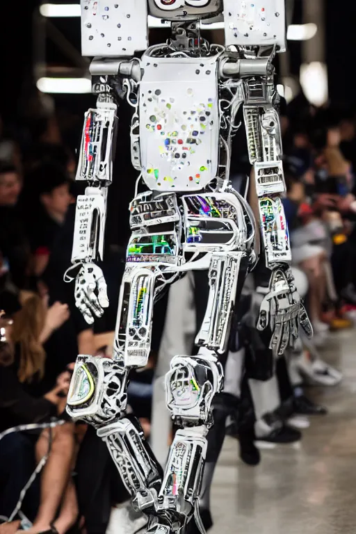 Image similar to men's streetwear worn by a robot on the fashion runway, made of circuits and mylar, high details, full frame shot