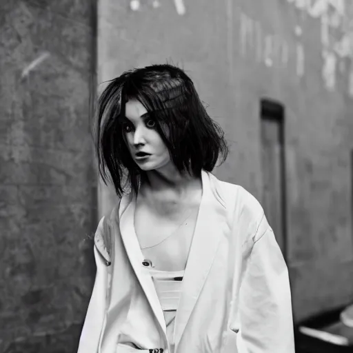 Image similar to vogue fashion photography of model wearing streetwear fashion white clothing, inside berghain, futuristic fashion, photo 3 5 mm leica, hyperdetail, 8 k, very detailed