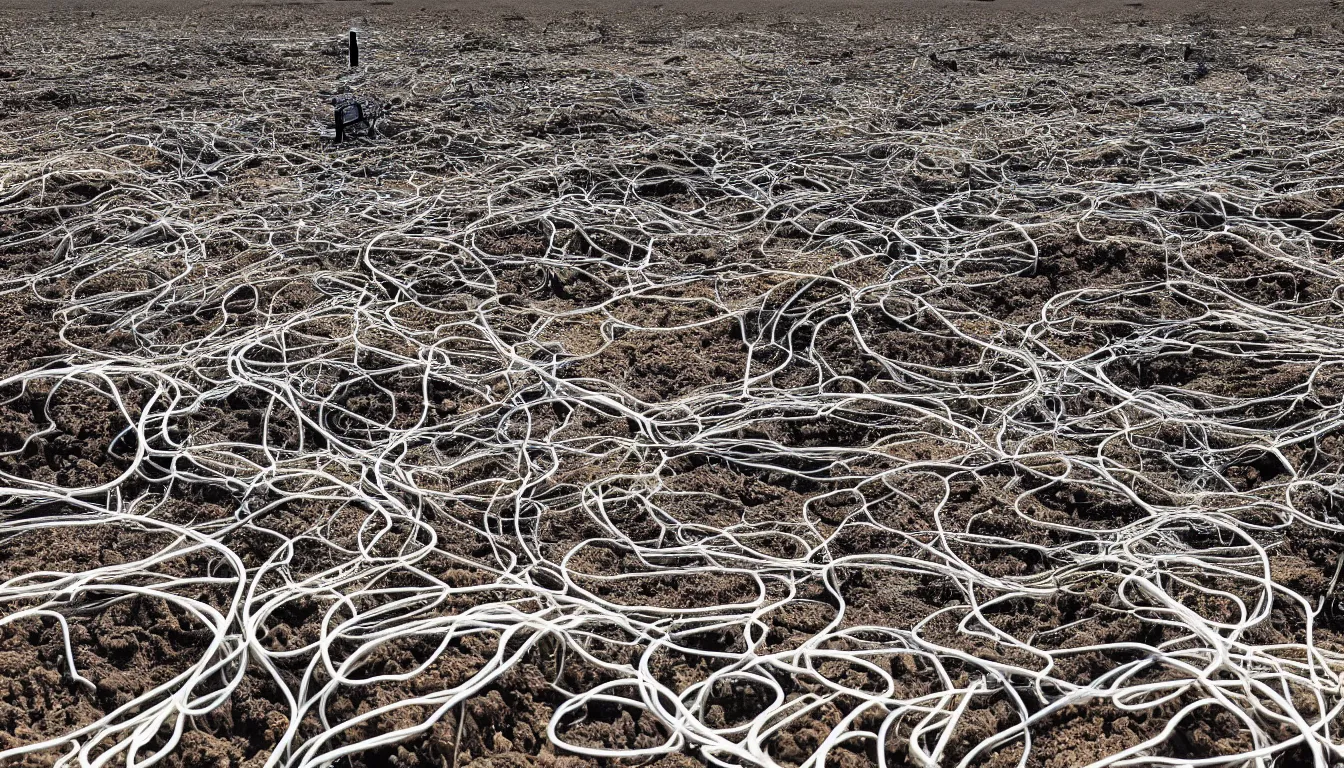 Prompt: Dry rivers scattered with hundreds of fish skeletons , decimated barren lands littered with emerging wires and cables that grow like plants , full colour , upscale , 4k