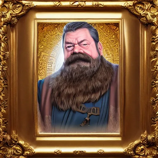 Image similar to a hyperrealistic painting of a dwarven cleric that looks like ron swanson looking stoicly to the right, white hair, white beard, holding a holy symbol, golden hour, alex ross