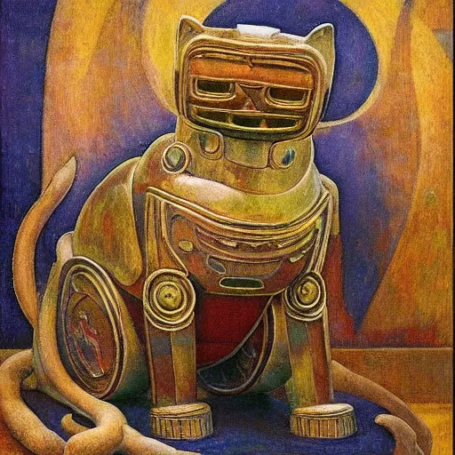 Image similar to ornate robot cat sculpture, by annie swynnerton and diego rivera and nicholas roerich and jean delville and janet fish, symbolist, dramatic lighting, god rays, art brut, rich colors, smooth, sharp focus, extremely detailed, adolf wolfli and ( donato giancola and bilibin )