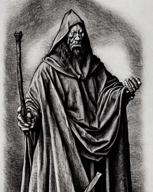 Image similar to old mage, full body shot, hyper realism, fine details, deviantart artstation, extremely detailed, black and white, very sharp, in the style of albrecht durer, etching,