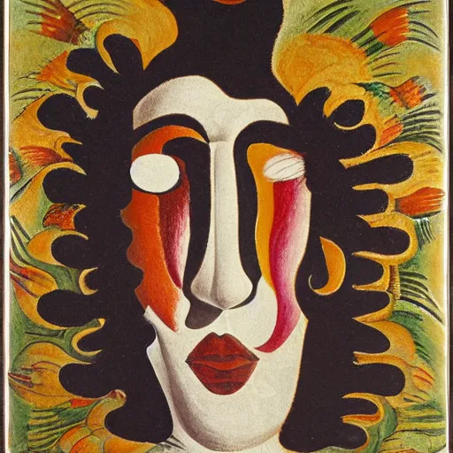 Image similar to floral face portrait by leonetto cappiello and wojciech siudmak and ernst fuchs, anni albers, oil on canvas