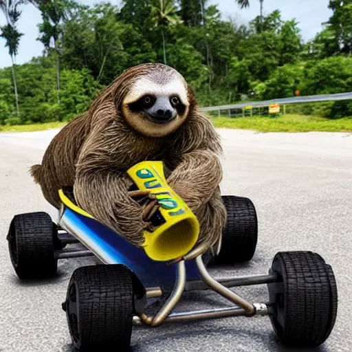 Prompt: photo of A sloth in a go kart on a race track. The sloth is holding a banana