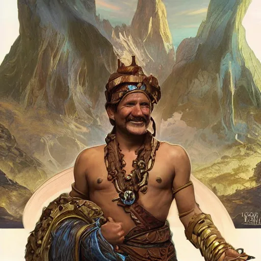 Image similar to robin williams as teferi, in the style of magic the gathering, glacier landscape, d & d, fantasy, intricate, elegant, highly detailed, digital painting, artstation, concept art, matte, sharp focus, illustration, art by artgerm and greg rutkowski and alphonse mucha