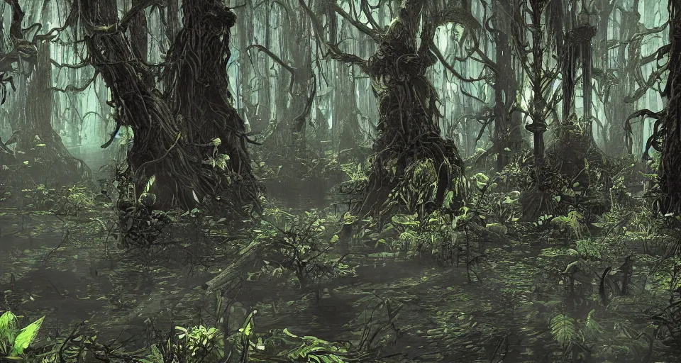 Prompt: A dense and dark enchanted forest with a swamp, from Starcraft