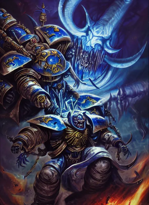 Prompt: space marine of tzeentch, evil warp energy, warp runes in air, warp lightning, screaming, intricate, warhammer, warhammer 4 0 k, highly detailed, digital painting, concept art, sharp focus, illustration, psychedelic, grim dark, moody, gloomy, art by john blanche, by pedro nunez, by jaime martinez, by nacho molina