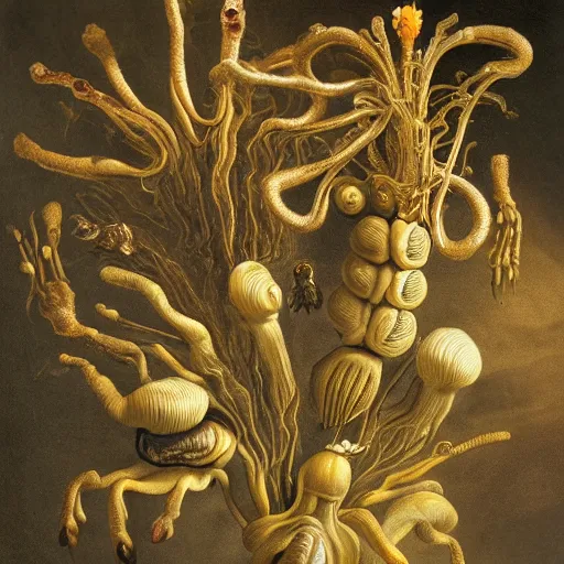 Image similar to disgusting disturbing dutch golden age bizarre mutant insect flower floral still life with many human toes realistic human toes blossoming everywhere very detailed fungus tumor disturbing tendrils bizarre slimy forms sprouting up everywhere by rachel ruysch black background chiaroscuro dramatic lighting perfect composition high definition 8 k 1 0 8 0 p