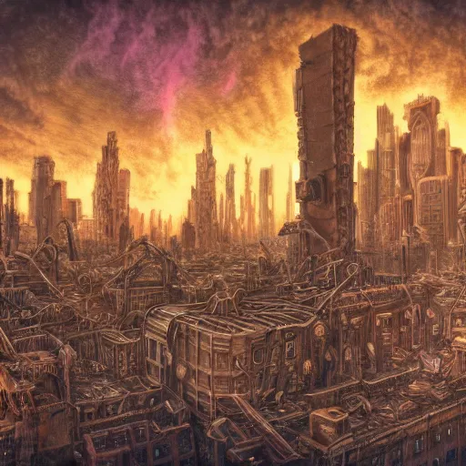 Image similar to post apocalyptic radiated ruined modern city, surrealism, deep aesthetic, abstract realism, highly ornate intricate details, 1 9 2 0's colored pencil, 4 k, cinematic lighting,