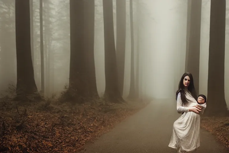 Image similar to a cinematic photo of a young woman with dark hair holds a baby in a dark, foggy forest, closeup, masterpiece