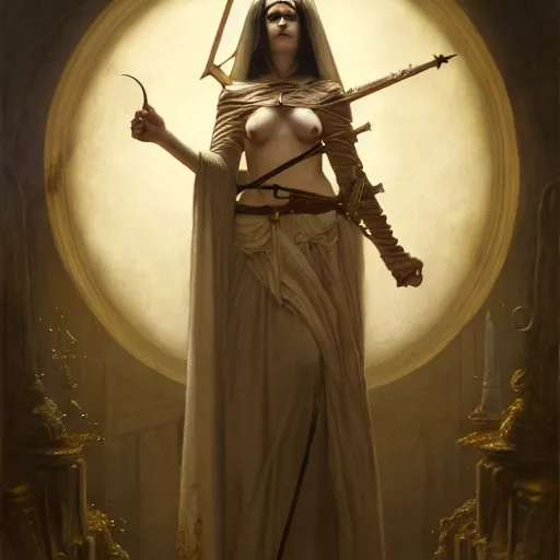 Image similar to the priestess of blasphemous god, studio light, photoreal, by jaime jones, tom bagshaw, lawrence alma - tadema, greg rutkowski, deviantart contest winner, fantasy art, daz 3 d, intricate, elegant, highly detailed, 8 k, digital painting, concept art, sharp focus, illustration, golden ratio, cosmic horror