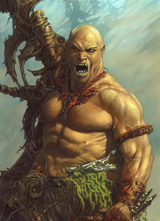 Image similar to a fantasy comic book style portrait painting of a bald half - orc male warrior, art by donato giancola and bayard wu and gustav moreau and wayne barlowe