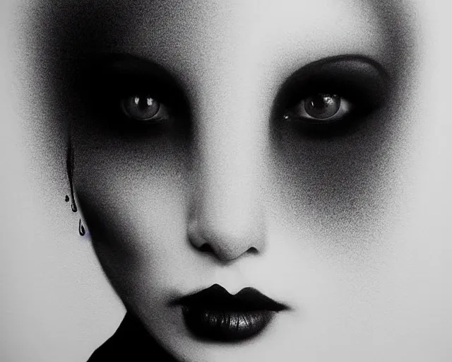 Image similar to a black and white photo of a woman's face, an airbrush painting by Itō Ogura Yonesuke, deviantart, gothic art, multiple exposure, biomorphic, charcoal drawing