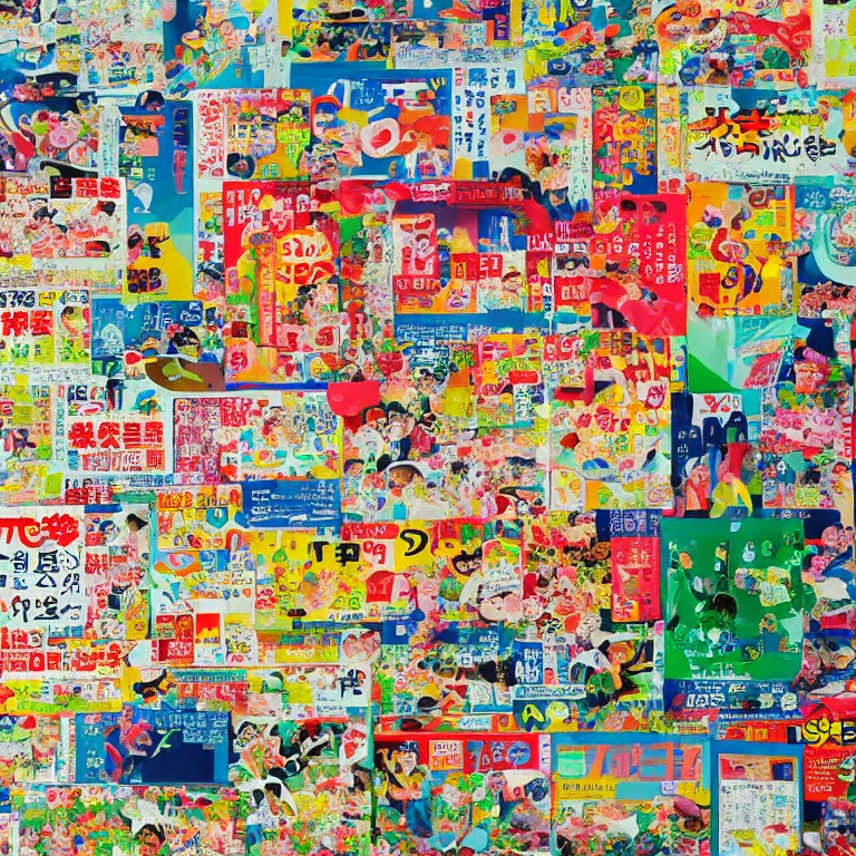 Image similar to an overwhelmingly detailed and colorful japanese magazine page of advertisements