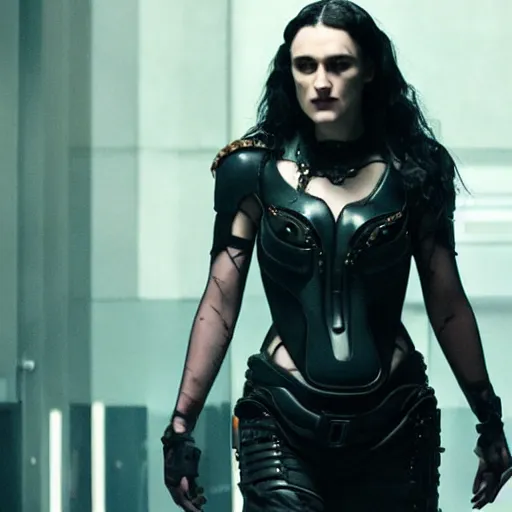 Image similar to Katie McGrath as Cyberpunk Morgana