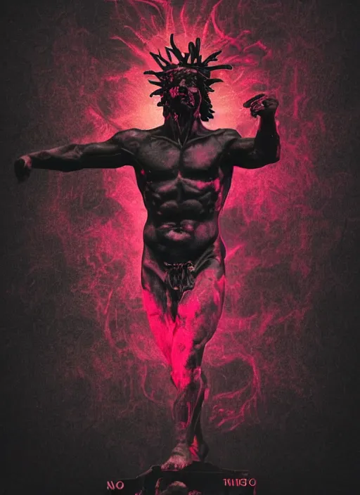 Image similar to dark design poster showing a heroic statue of dionysus, black background with very subtle red and purple design elements, powerful, nekro, vito acconci, thin straight lines, dark, glitch art, neo vaporwave, gritty, layout frame, square, trending on artstation