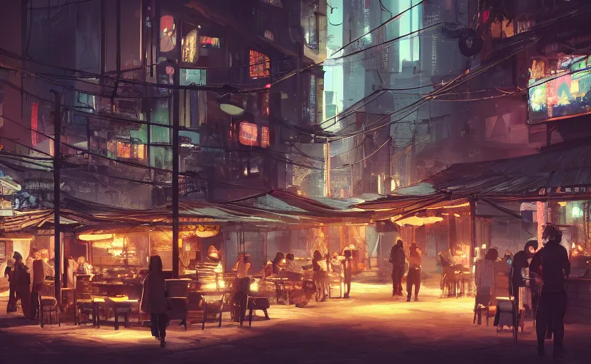 Image similar to a cozy relaxed cafe, looking out at the bustling underbelly of a thriving cyberpunk city at night, trending on cgsociety, unreal engine, 4 k wallpaper