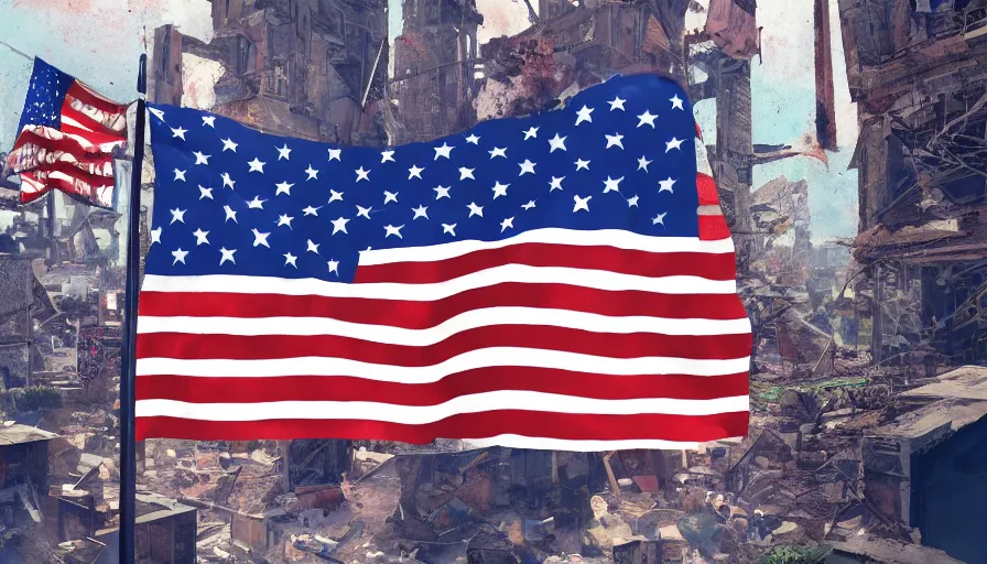 Image similar to american pole flag in city ruins, hyperdetailed, artstation, cgsociety, 8 k