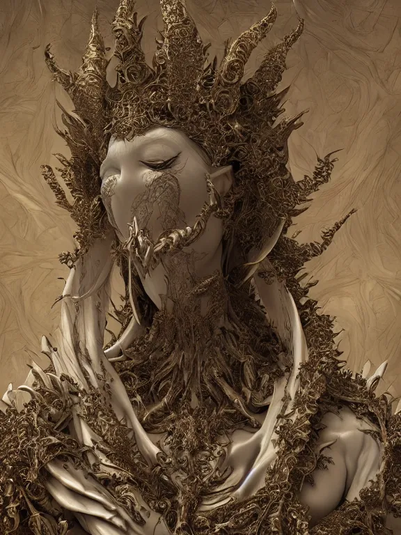 Prompt: a beautiful render of baroque catholic veiled demon lady sculpture with symmetry intricate detailed,by Nekro and peter gric and aaron horkey and Billelis,Trending on artstation,ZBrush,fractalism,maximalism,glittering,gold,ivory,hyperreal