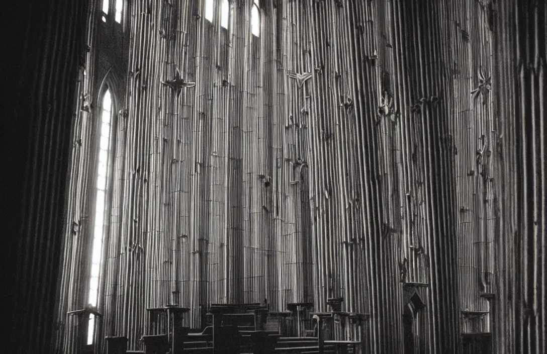 Image similar to detail of a past world in this church interior, vertical lines suggest spirituality, rising beyond human reach toward the heavens. gnarly intact flawless ambrotype from 4 k criterion collection remastered cinematography gory horror film, ominous lighting, evil theme wow photo realistic postprocessing animatronics painting by claude gellee