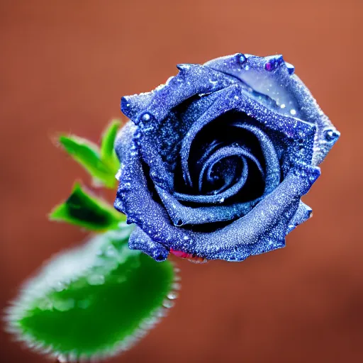 Image similar to A 4k photo of a blue rose, morning dew on the rose, high contrast