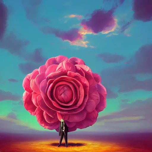 Image similar to giant rose flower head, frontal, girl in a suit, surreal photography, sunrise, dramatic light, impressionist painting, digital painting, artstation, simon stalenhag