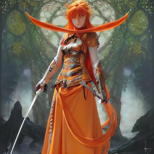 Prompt: Asuna Yuuki, young woman with orange hair wearing a partial paladin armor with a red skirt and white top, face, fantasy, intricate, elegant, highly detailed drawn by Donato Giancola and Tom Bagshaw, face by Artgerm and Edmund Leighton, Alphonse Mucha, background by James Jean and Gustav Klimt, 4k, porcelain skin, komorebi, french nouveau, trending on pixiv, octane render, hyperrealistic