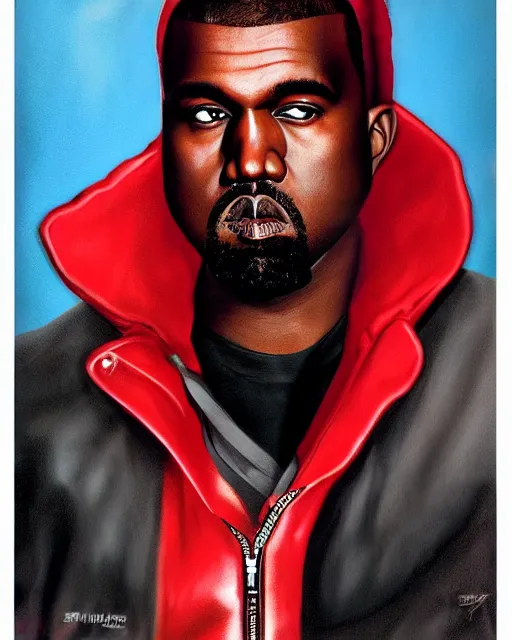 Image similar to kanye west in red puffer jacket, airbrush, drew struzan illustration art, key art, movie poster