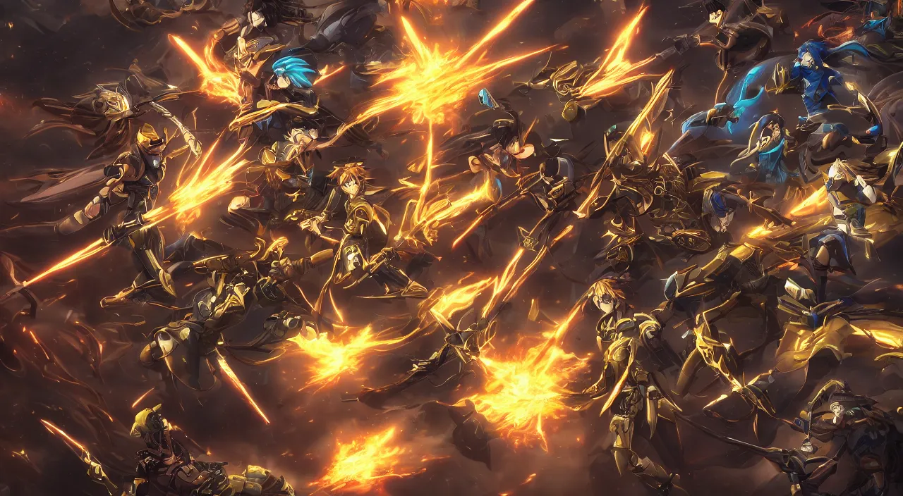 Image similar to epic cinematic anime battle Golden Warrior Scion vs everyone, extremely detailed, trending on Artstation, award-winning