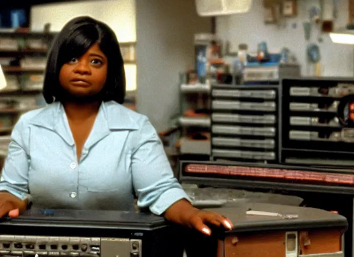 Prompt: cinematic shot of octavia spencer in an small used electronics store next to an old electronic keyboard, iconic scene from the paranoid thriller sci fi film directed by stanley kubrick, anamorphic lens, moody dark cinematography, beautiful composition, color theory, leading lines, photorealistic hands, 4 k