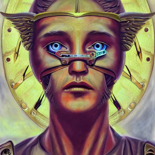 Prompt: Wheels within wheels with eyes, biblically accurate angel, ezekiel, hyperrealistic painting, cyberpunk