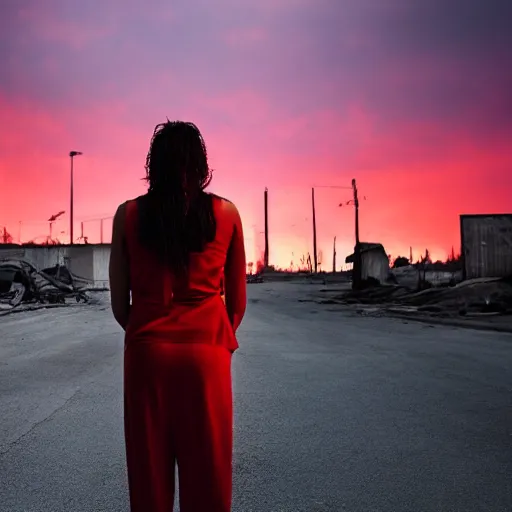 Image similar to rebel woman standing in front of a post apocalyptic city with burning red sky