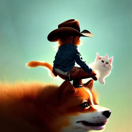 Image similar to fluffy cat in cowboy hat like a tiny girl riding on the back of a giant corgi by greg rutkowski