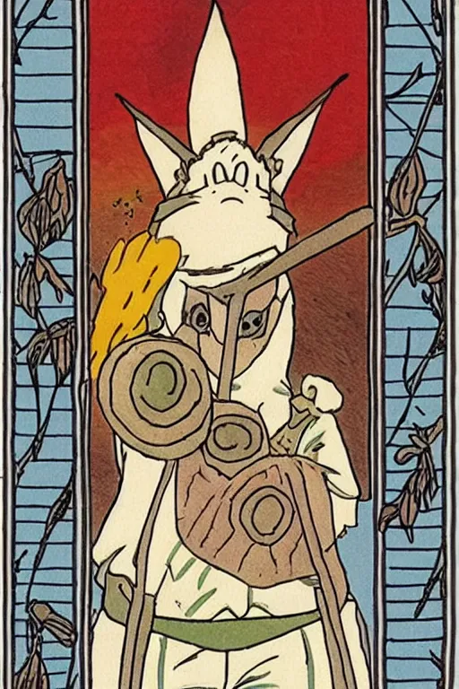 Prompt: the fool tarot card as drawn by studio ghibli, whole card, white frame