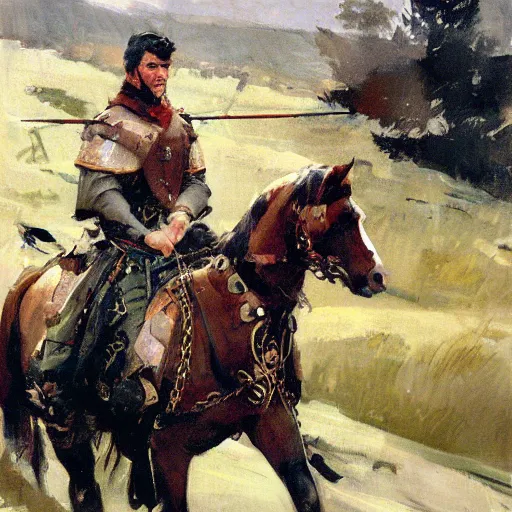 Image similar to portrait of rider wearing gambeson aiming bow, galloping detailed by greg manchess, craig mullins, bernie fuchs, walter everett, low angle