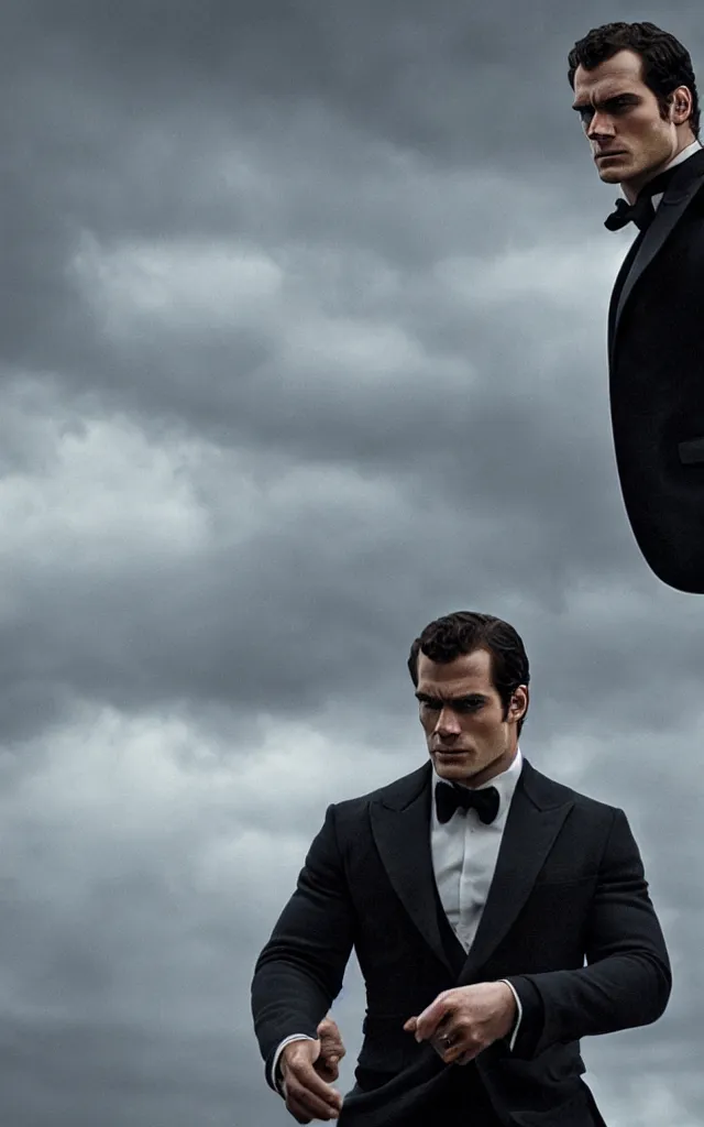 Image similar to henry cavill in the role of james bond, by camille corot, cinematic, moody lighting, cinematic lighting