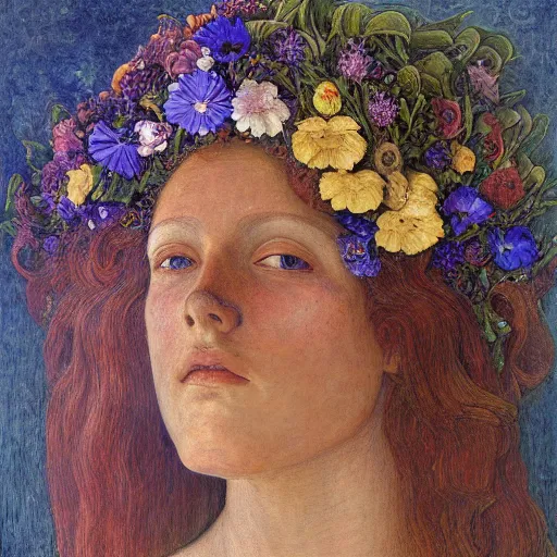 Image similar to masterpiece painting of a facemask made of flowers, by annie swynnerton and jean delville and tino rodriguez and diego rivera, flower mask, symbolist, dramatic lighting, god rays, elaborate geometric ornament, clean crisp graphics, soft cool colors, smooth sharp focus, extremely detailed