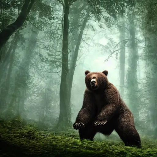 Image similar to a giant bear-shaped lovecraftian monster running quickly through a woodland, scary bear monster, 4 arms, magical forest, fantasy, Ireland, England, king Arthur, Lord of the rings, cinematic, realistic style, beautiful, majestic, dramatic lighting, early morning, dawn CGsociety, realistic, hyper maximalist, golden ratio, octane render, rule of thirds, wide shot , 8k resolution, epic volumetric light, cinematography, concept art, Artstation trending, environments, fantasy