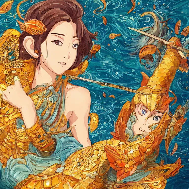 Image similar to young goddess, realistic proportions, beautiful face, in goldfish armor, wielding a fish sword, symmetrical, highly detailed painting in the style of studio ghibli