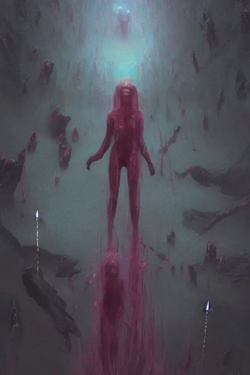 Image similar to Concept art for Aurora new single, Something inside you is violence and danger, i knew from the moment we met, you are a dangerous thing painted by Wayne Barlowe, Greg Rutkowski, zdislav beksinski, Francis Bacon, trending on artstation, artstationHD, artstationHQ, 4k, 8k
